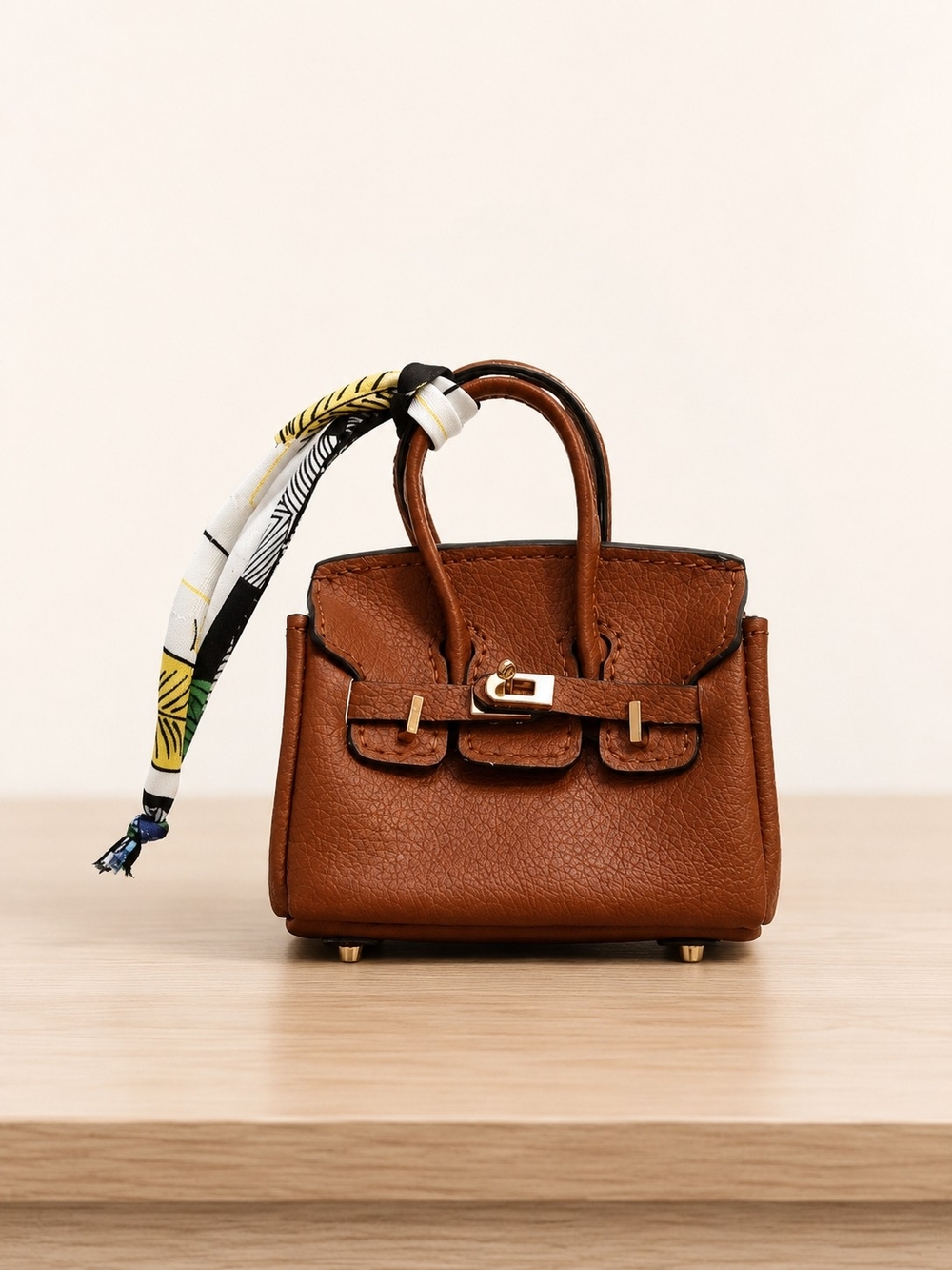 Brown Leather Top-Handle Mini Bag with Scarf Accent Charm